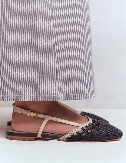Woven Slingback Flats-Navy/Ivory