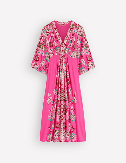 Nell Kimono Midi Jersey Dress-Pink, Blossom Elegance