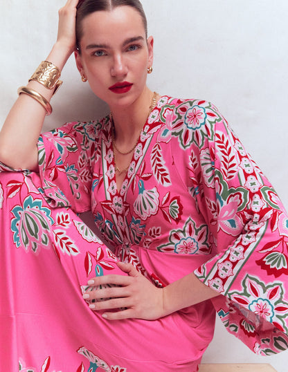 Nell Kimono Midi Jersey Dress-Pink, Blossom Elegance