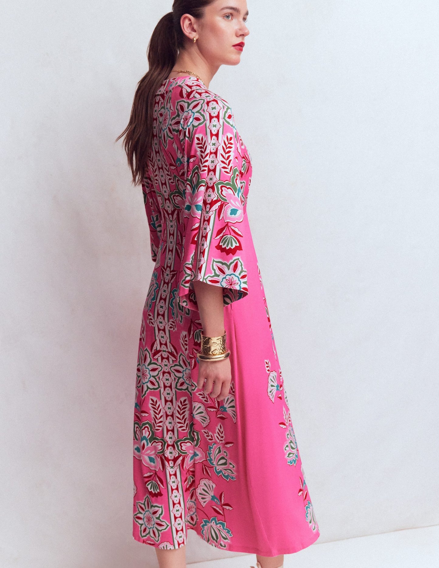 Nell Kimono Midi Jersey Dress-Pink, Blossom Elegance