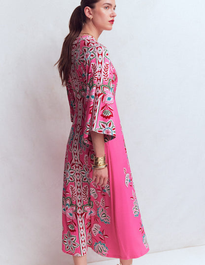 Nell Kimono Midi Jersey Dress-Pink, Blossom Elegance