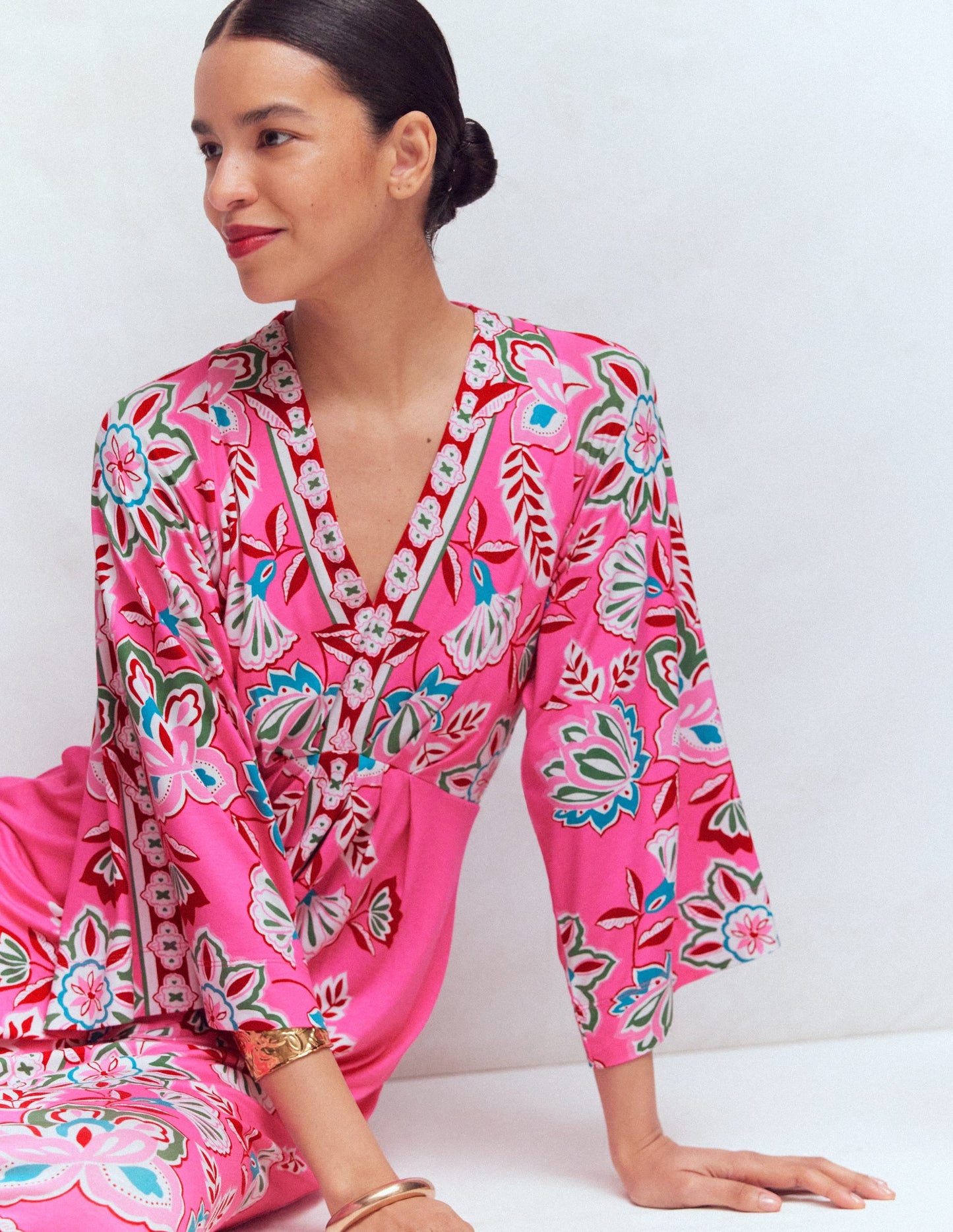 Nell Kimono Midi Jersey Dress-Pink, Blossom Elegance