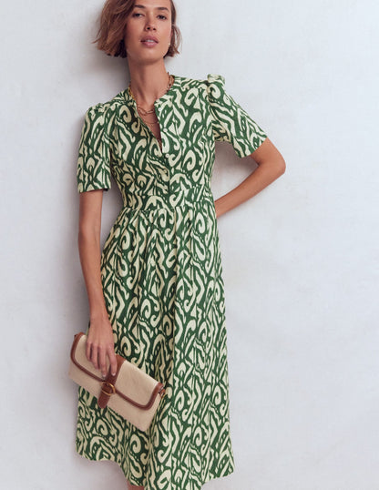 Ivy Button Linen Midi Dress-Hunter Green Ikat