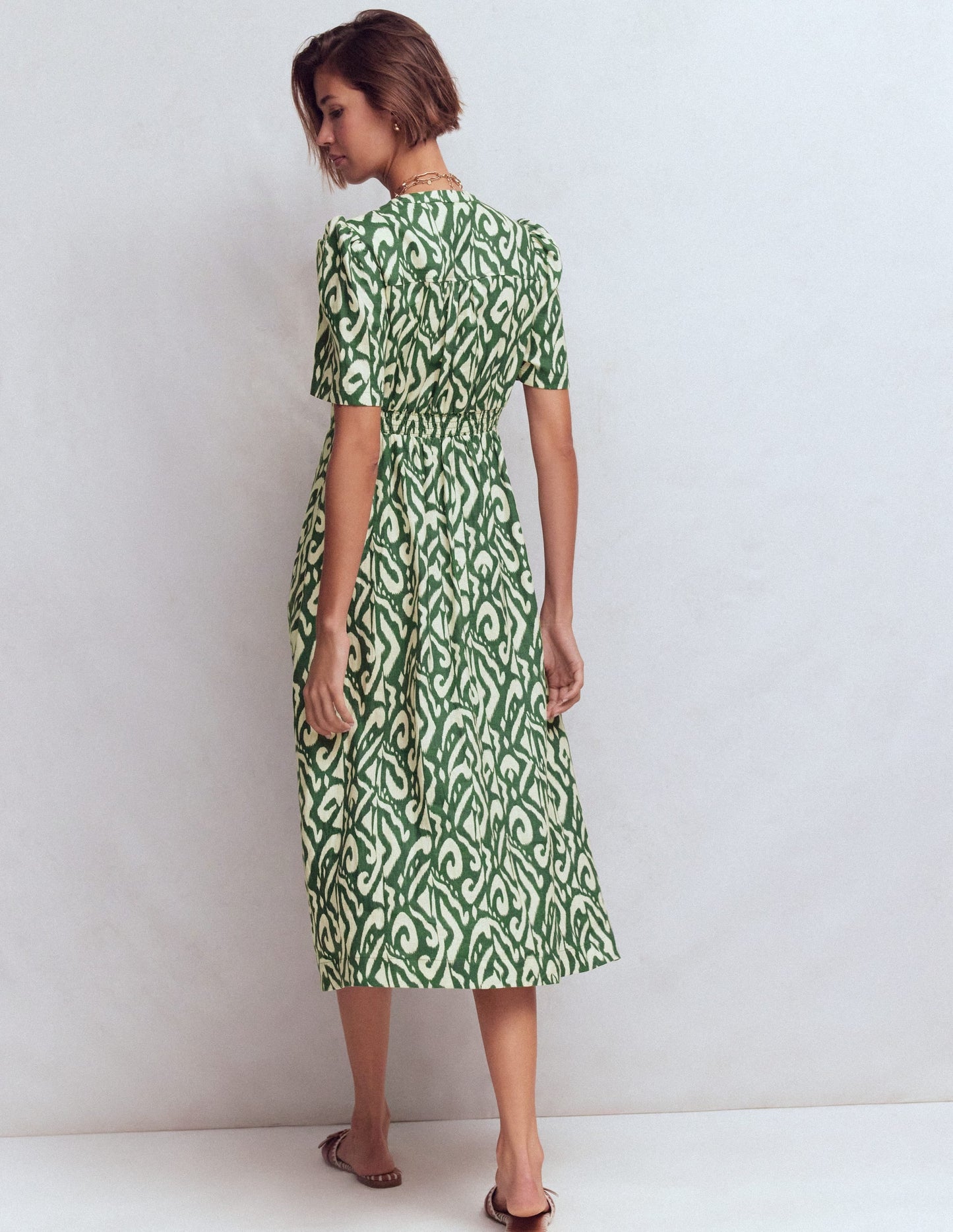 Ivy Button Linen Midi Dress-Hunter Green Ikat