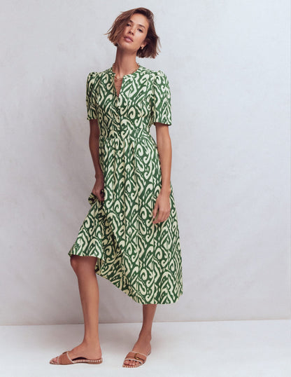 Ivy Button Linen Midi Dress-Hunter Green Ikat