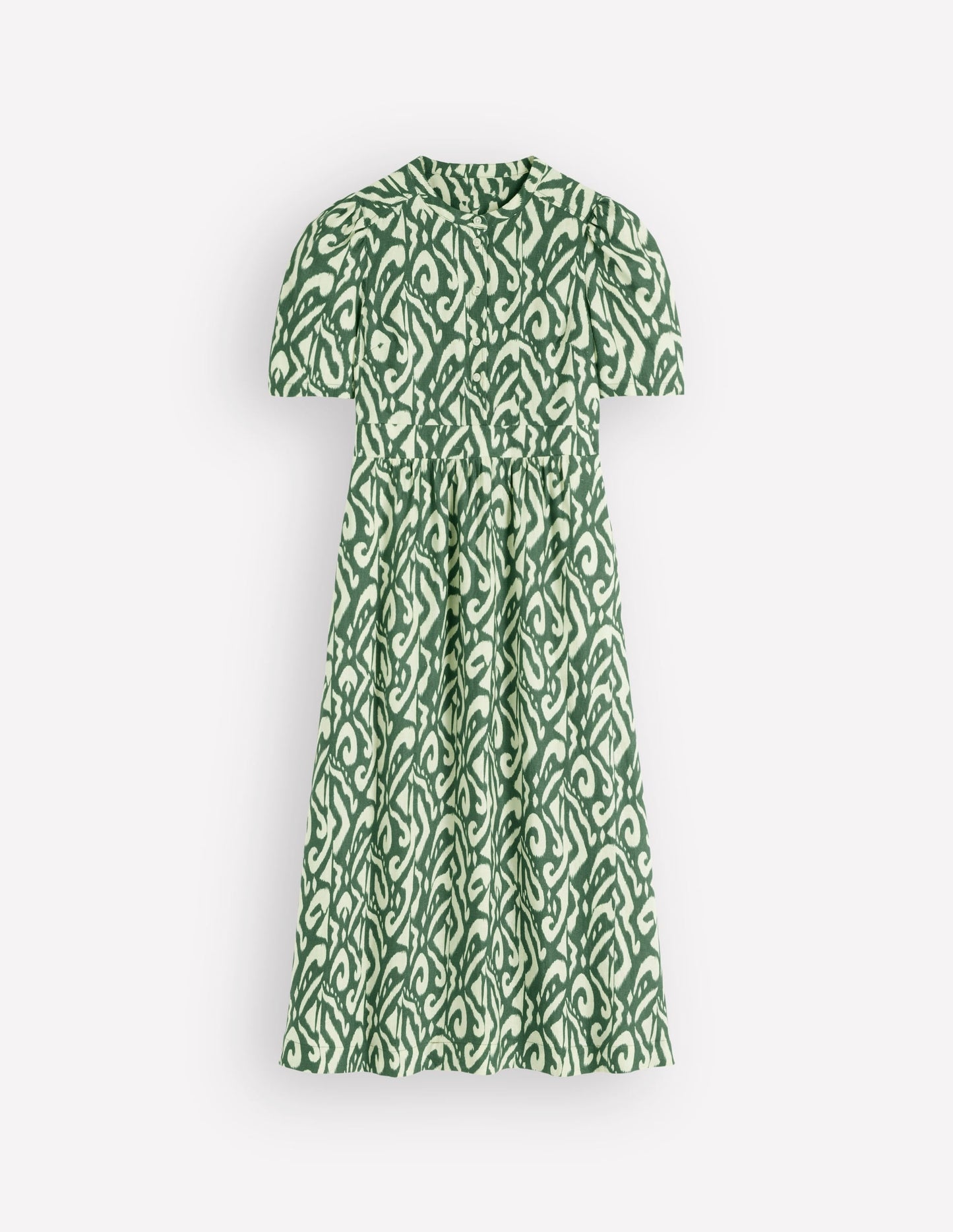 Ivy Button Linen Midi Dress-Hunter Green Ikat