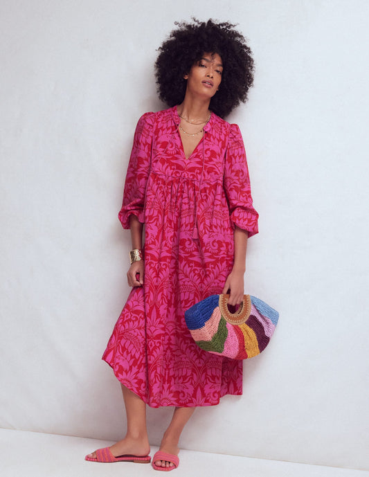 Boho Tie Neck Kaftan-Red Ornamental Foilage
