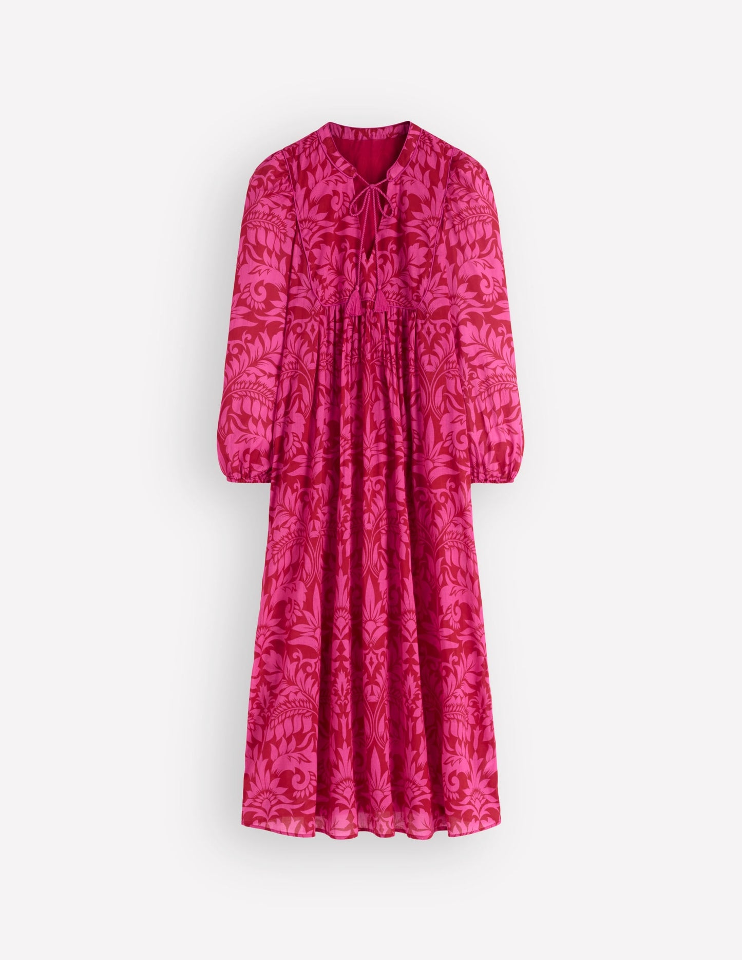 Boho Tie Neck Kaftan-Red Ornamental Foilage