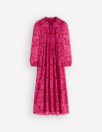 Boho Tie Neck Kaftan-Red Ornamental Foilage