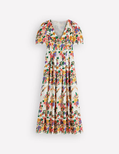 Pleat V-neck Dress-Multi Meadow Flowers