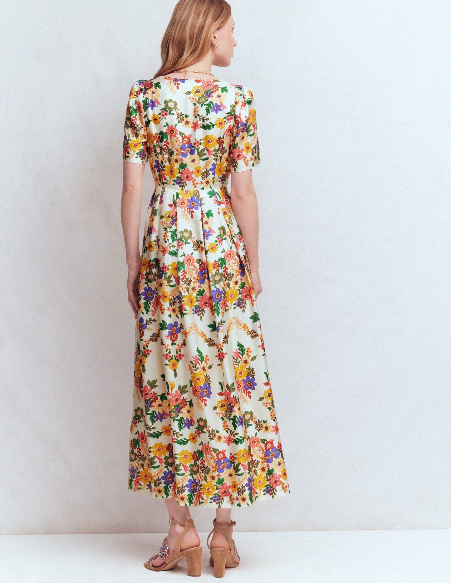 Pleat V-neck Dress-Multi Meadow Flowers