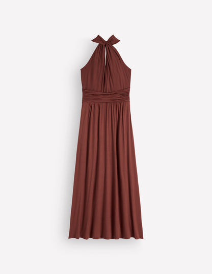 Sydney Twist Neck Jersey Dress-Bitter Chocolate