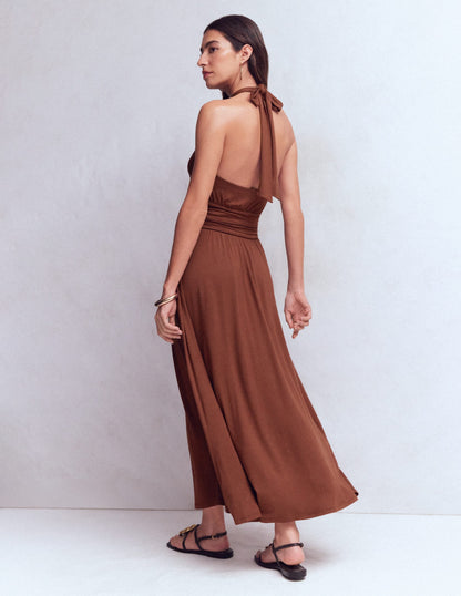 Sydney Twist Neck Jersey Dress-Bitter Chocolate