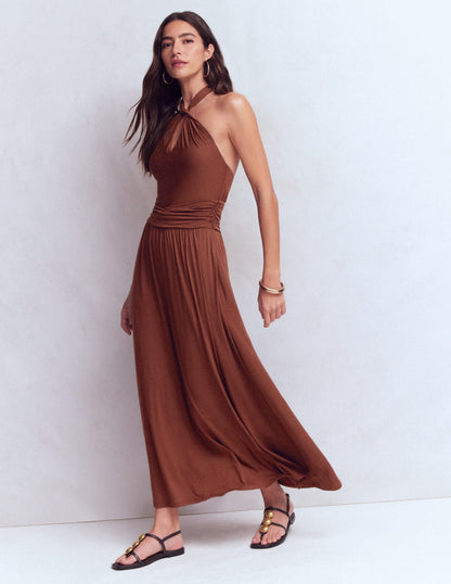 Sydney Twist Neck Jersey Dress-Bitter Chocolate