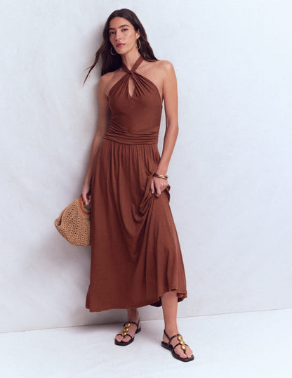 Sydney Twist Neck Jersey Dress-Bitter Chocolate