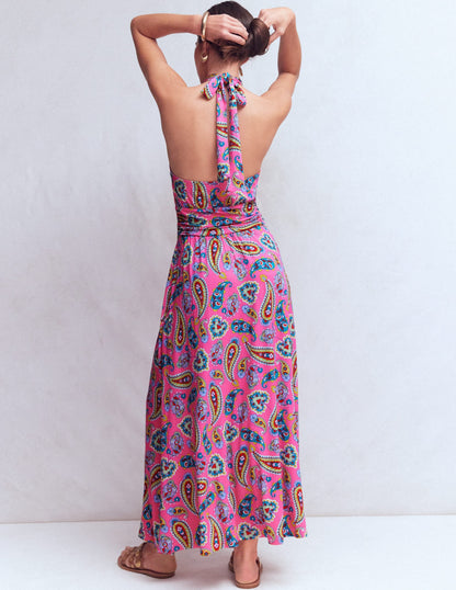 Sydney Twist Neck Jersey Dress-Pink Paisley