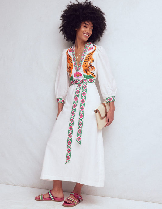 Octavia Linen Blend Dress-Tiger Embroidery