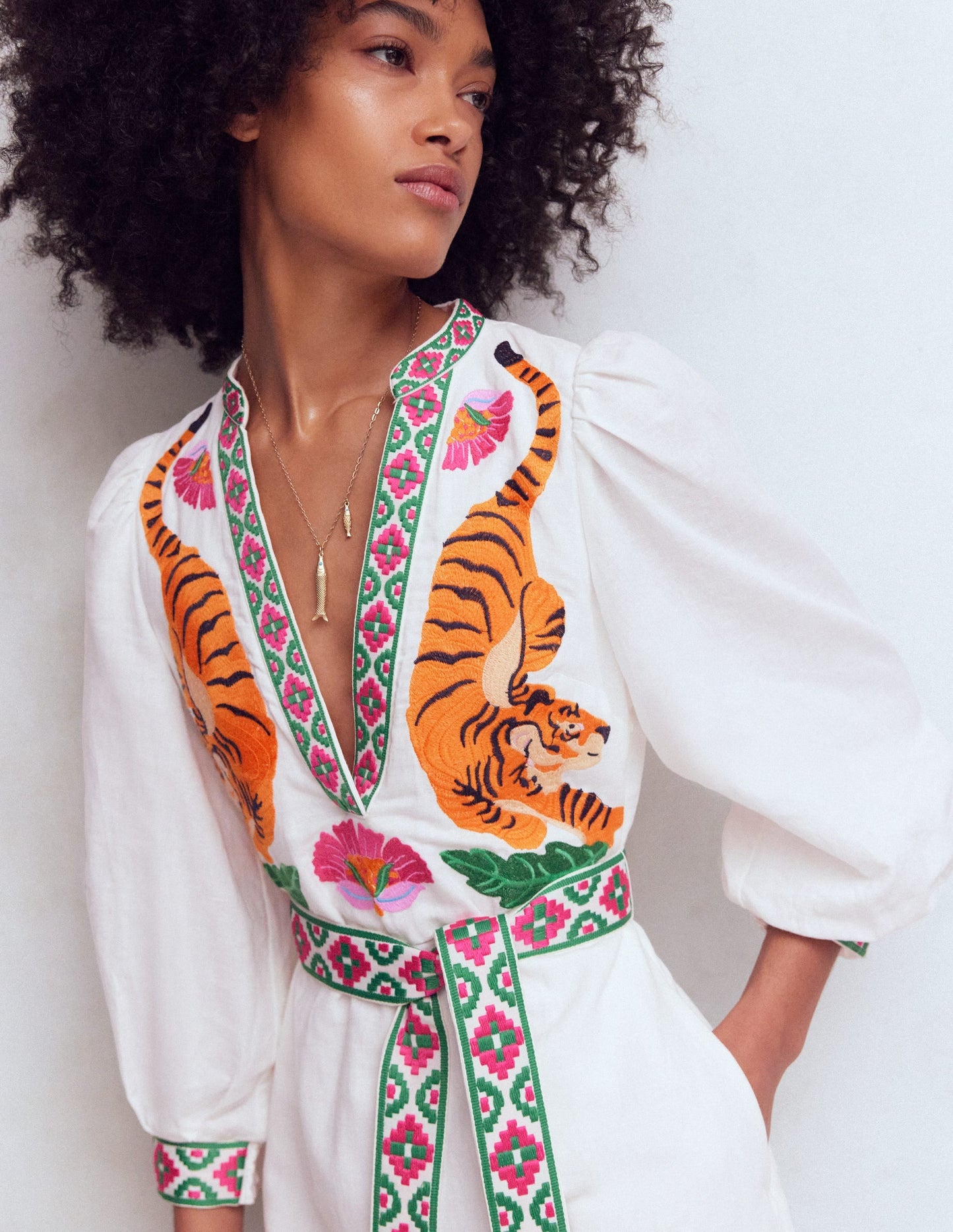 Octavia Linen Blend Dress-Tiger Embroidery
