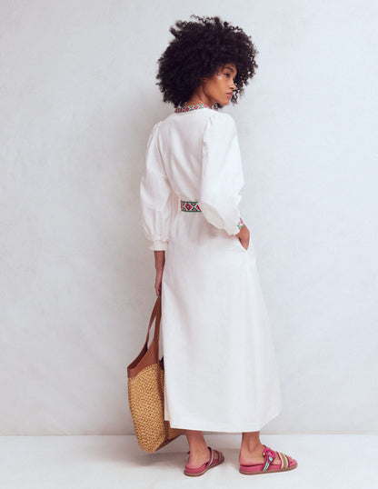 Octavia Linen Blend Dress-Tiger Embroidery