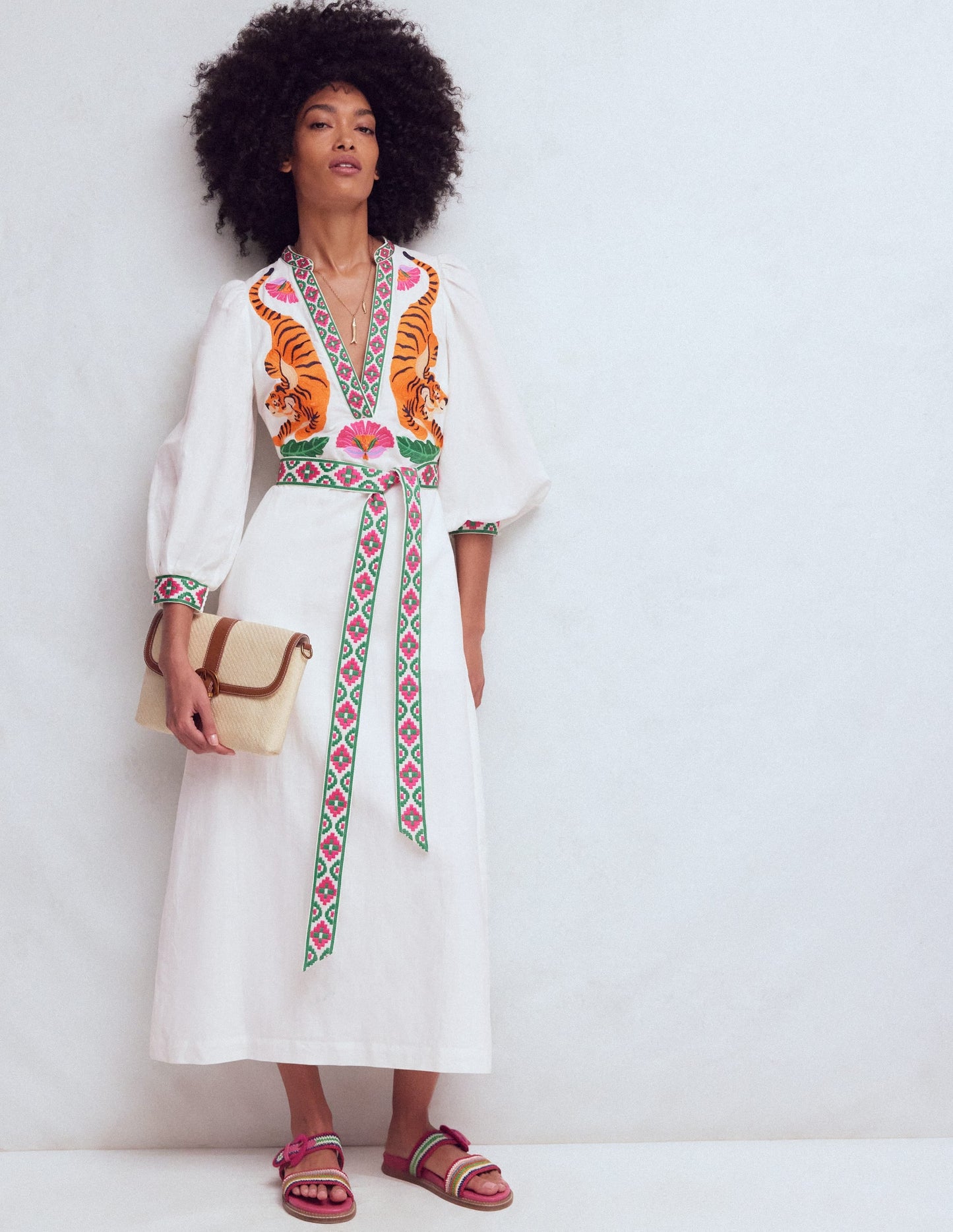 Octavia Linen Blend Dress-Tiger Embroidery