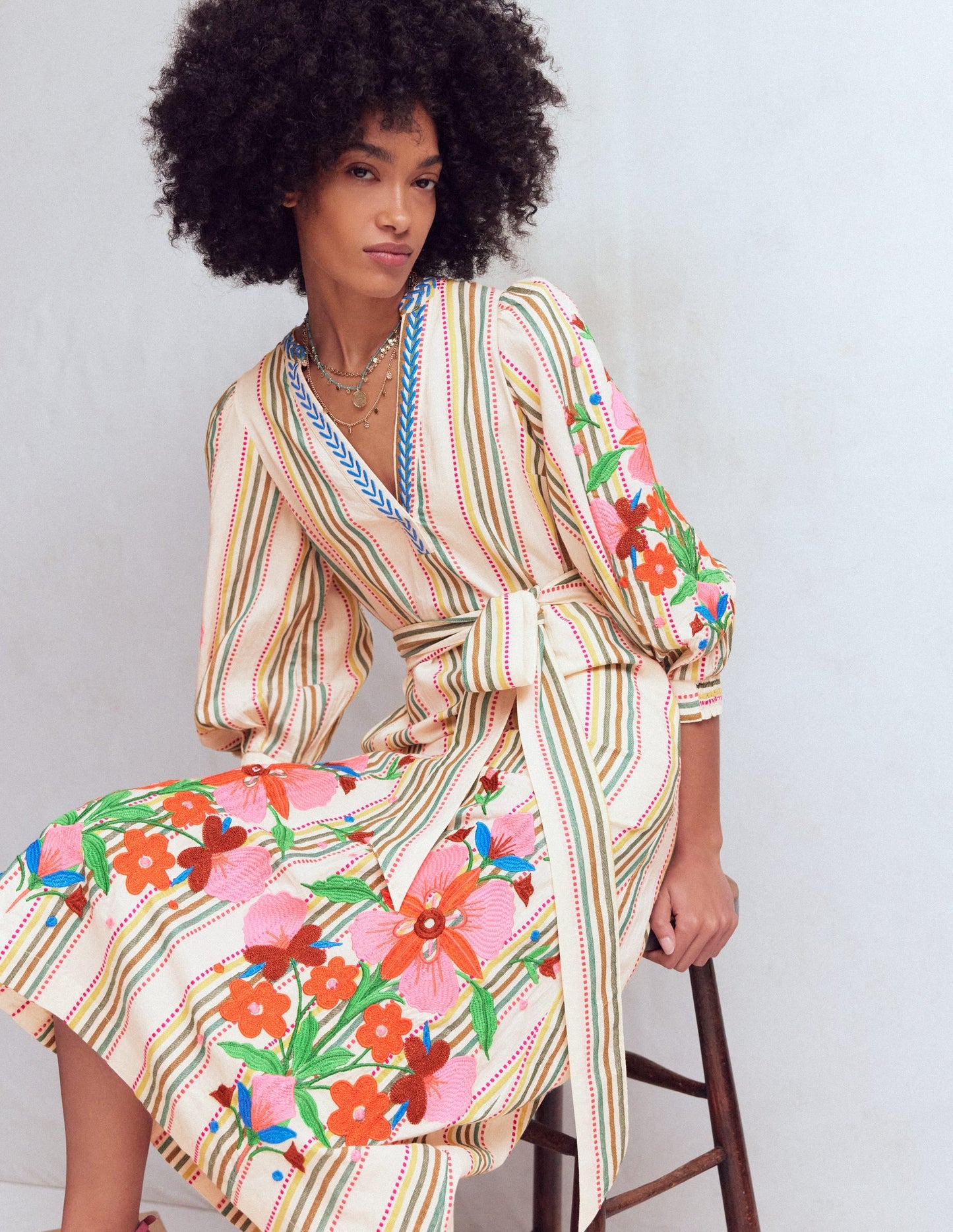 Octavia Cotton Dress-Multi Embroidery Stripe