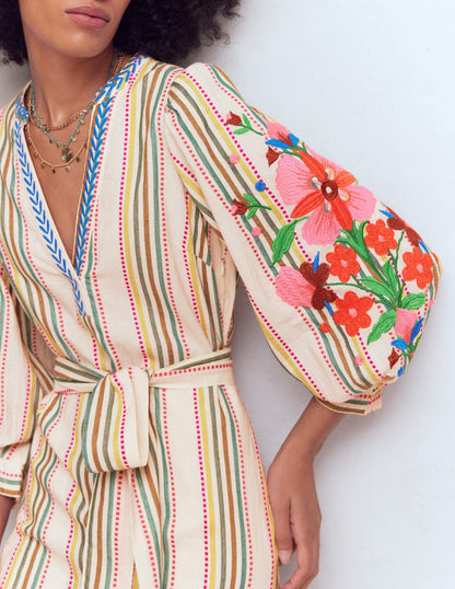 Octavia Cotton Dress-Multi Embroidery Stripe