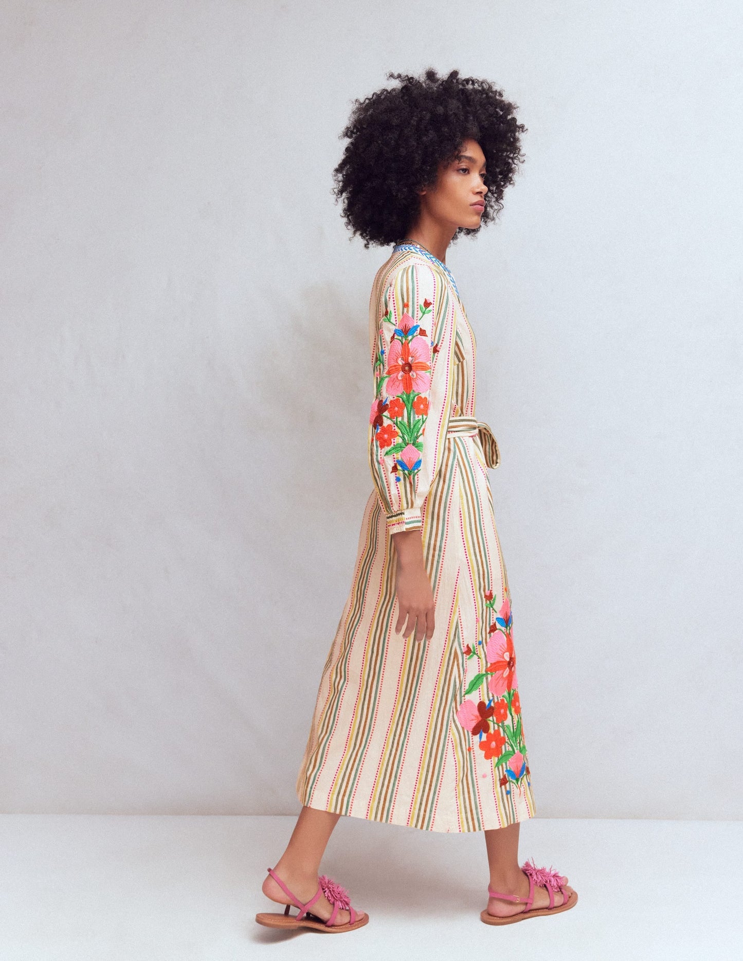 Octavia Cotton Dress-Multi Embroidery Stripe