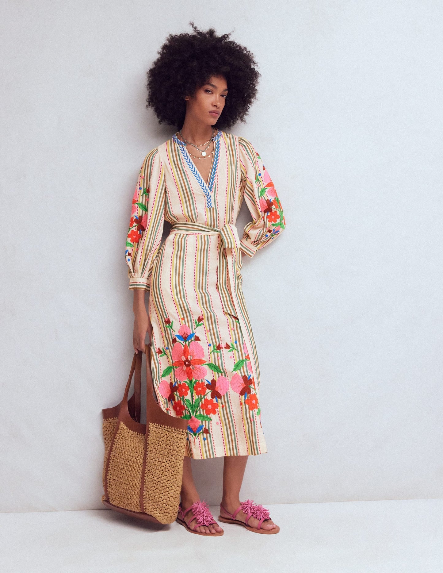 Octavia Cotton Dress-Multi Embroidery Stripe