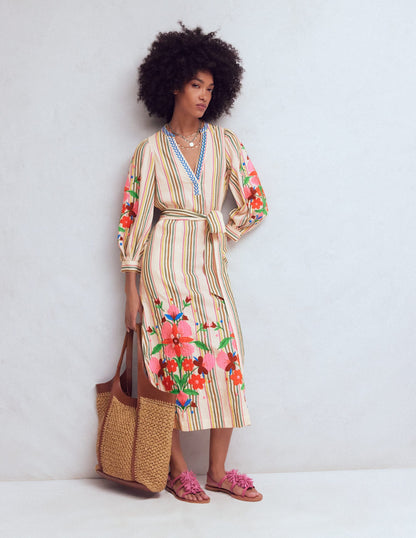 Octavia Cotton Dress-Multi Embroidery Stripe