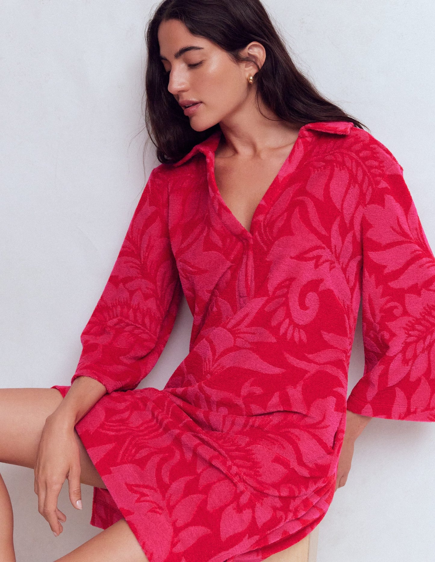Short Collared Towelling Dress-Merida Red, Ornamental Foliage