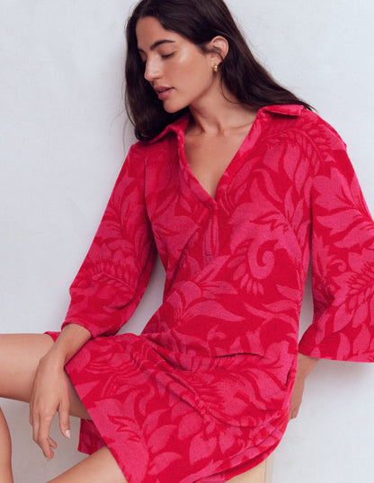 Short Collared Towelling Dress-Merida Red, Ornamental Foliage