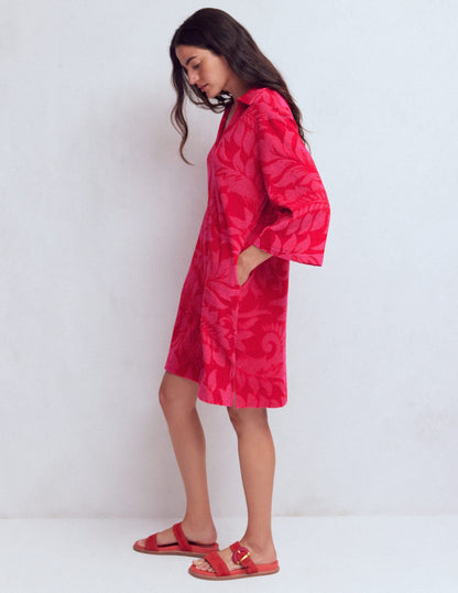 Short Collared Towelling Dress-Merida Red, Ornamental Foliage