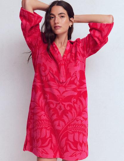 Short Collared Towelling Dress-Merida Red, Ornamental Foliage