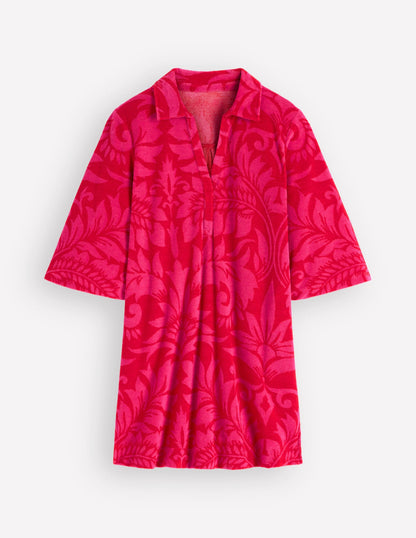 Short Collared Towelling Dress-Merida Red, Ornamental Foliage