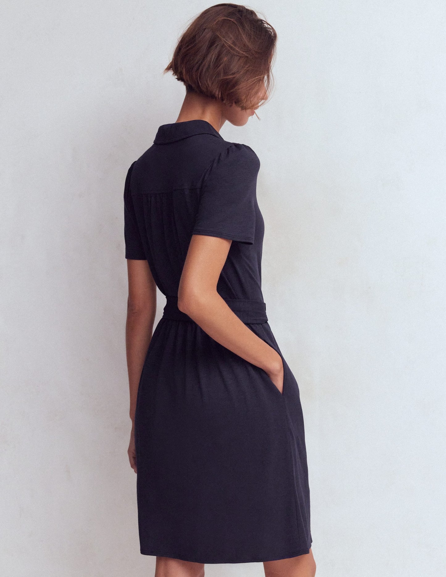 Patti Short Jersey Shirt Dress-Navy