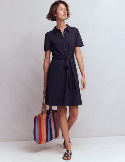 Patti Short Jersey Shirt Dress-Navy