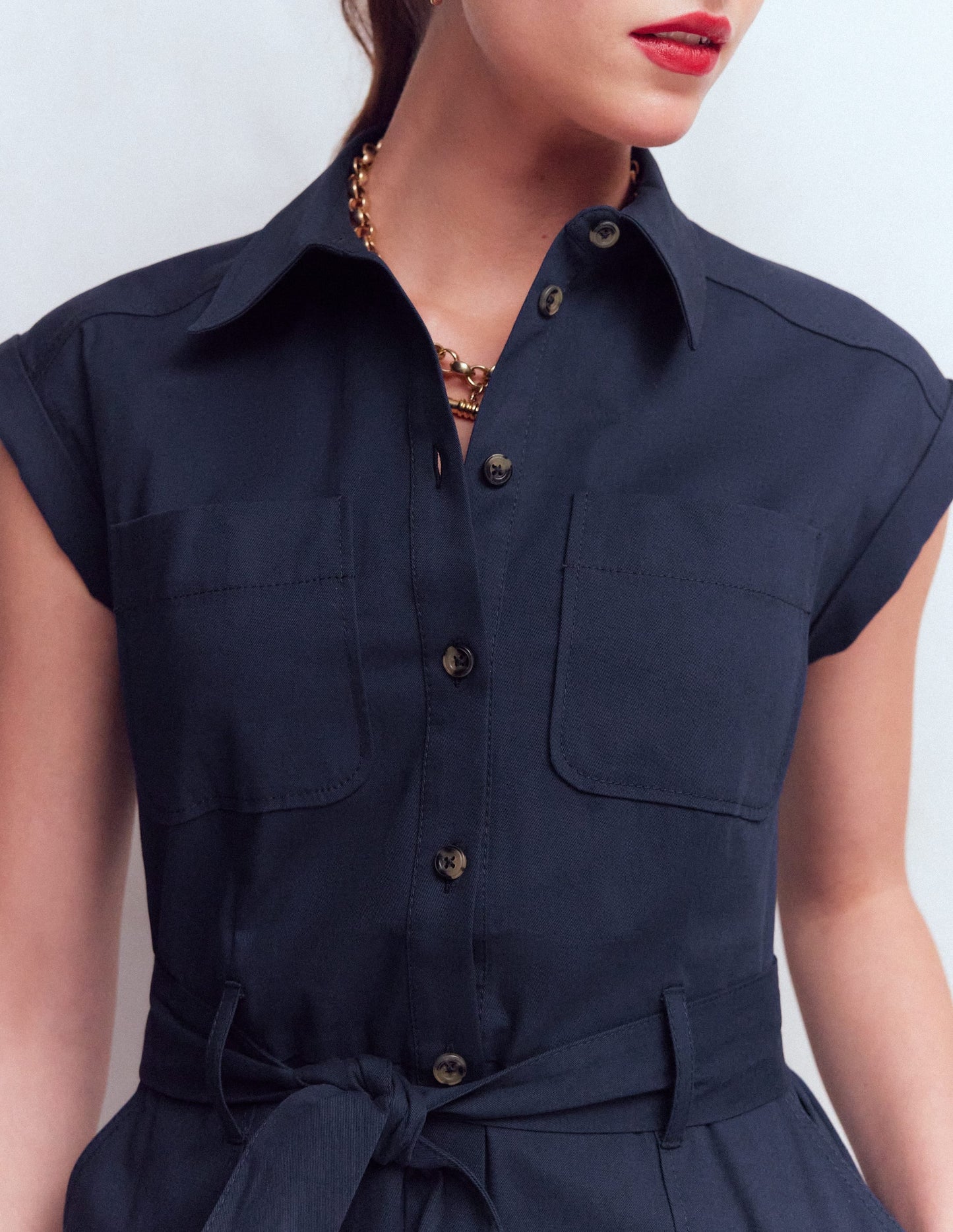 Short Belted Shirt Dress-Navy