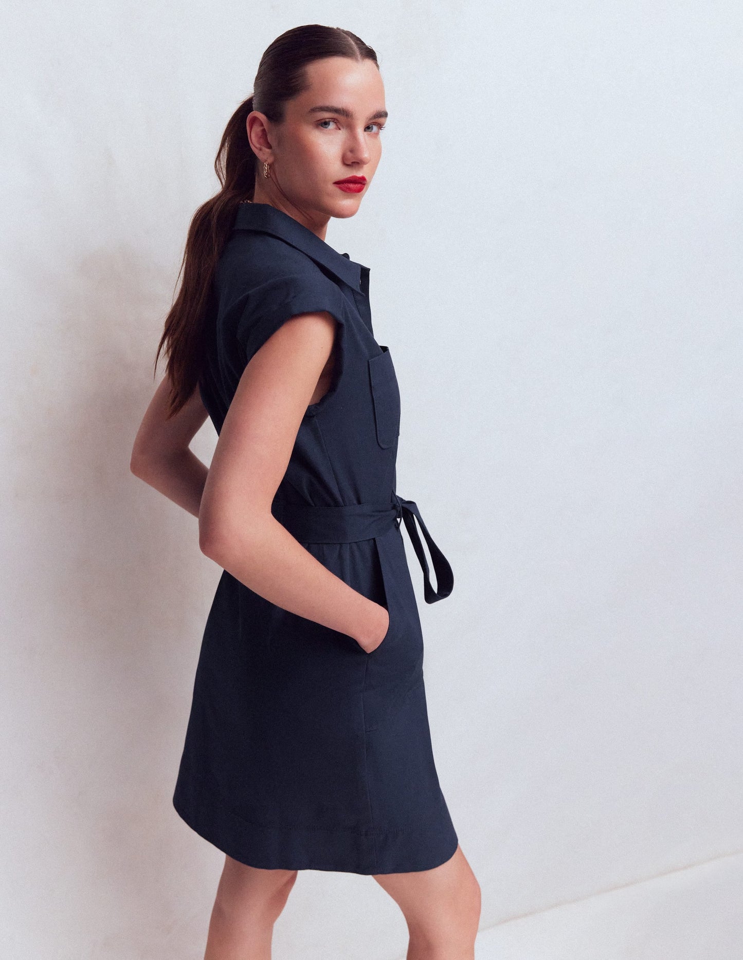 Short Belted Shirt Dress-Navy