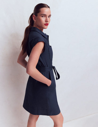 Short Belted Shirt Dress-Navy