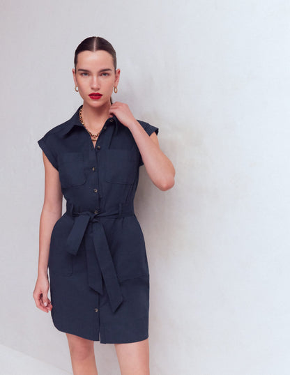Short Belted Shirt Dress-Navy