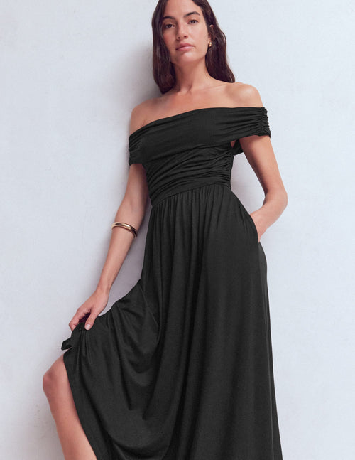 Ruched Bardot Maxi Dress-Black