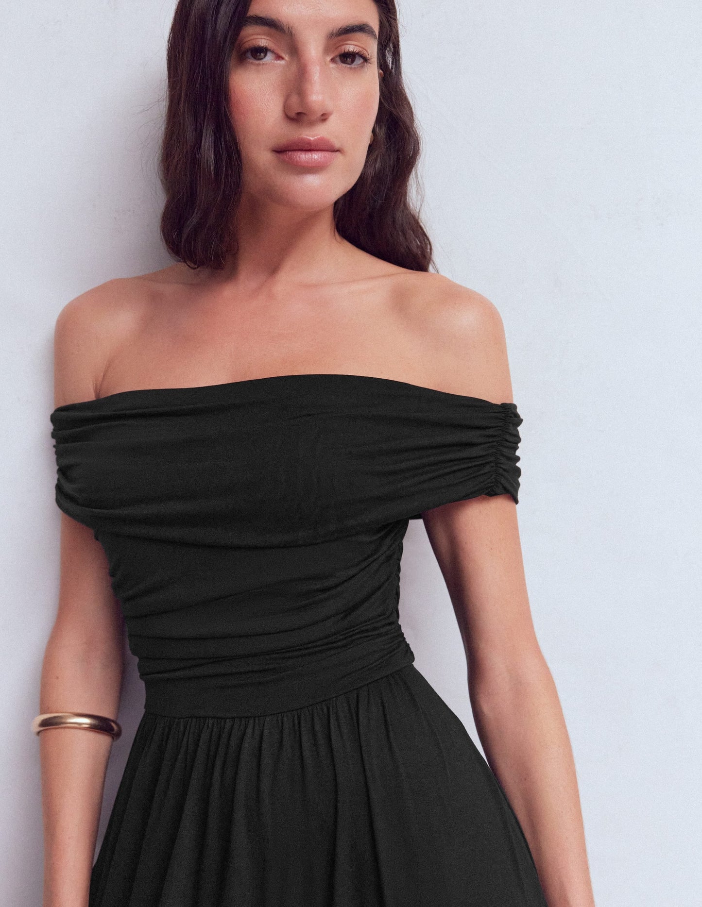Ruched Bardot Maxi Dress-Black