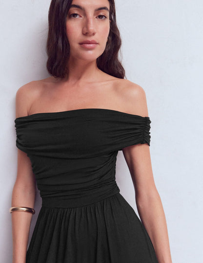 Ruched Bardot Maxi Dress-Black