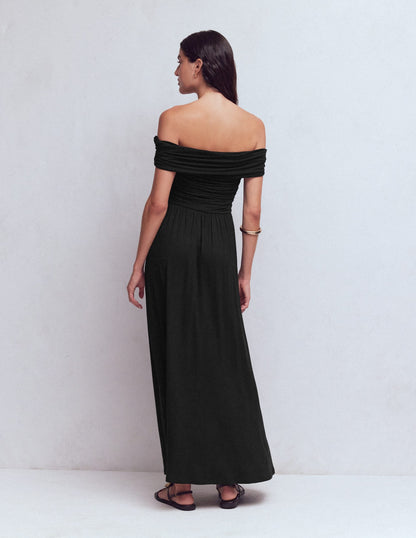Ruched Bardot Maxi Dress-Black