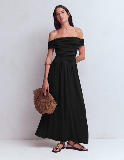 Ruched Bardot Maxi Dress-Black