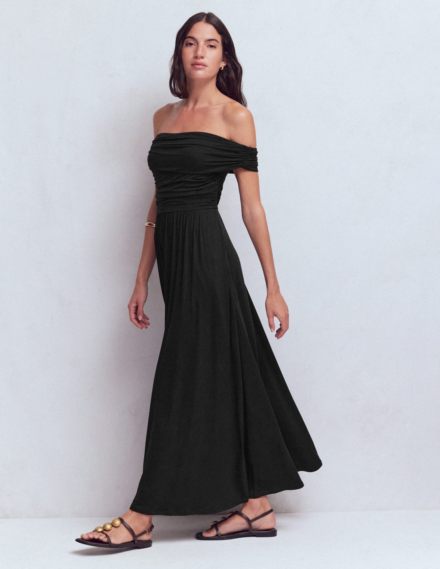 Ruched Bardot Maxi Dress-Black
