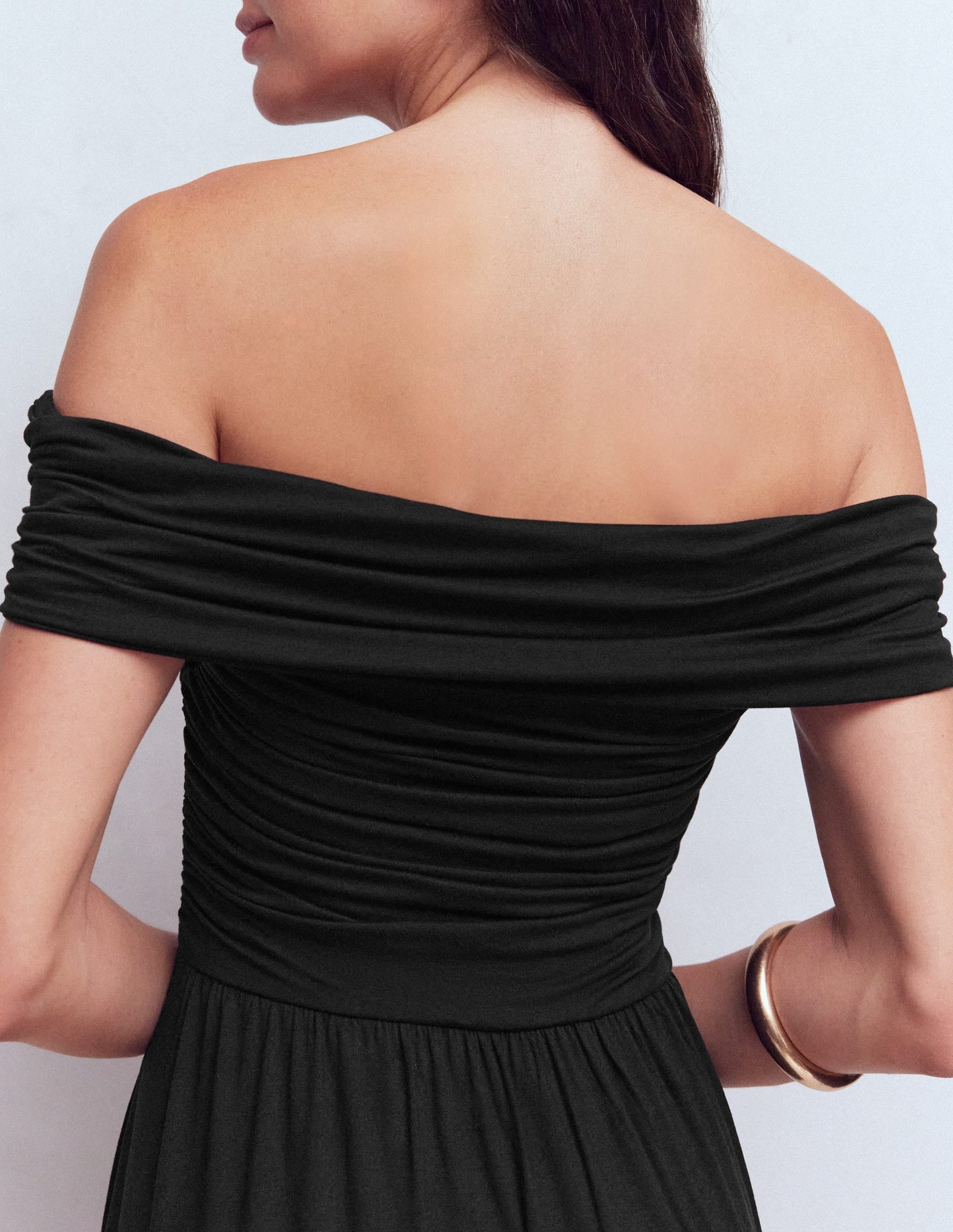 Ruched Bardot Maxi Dress-Black