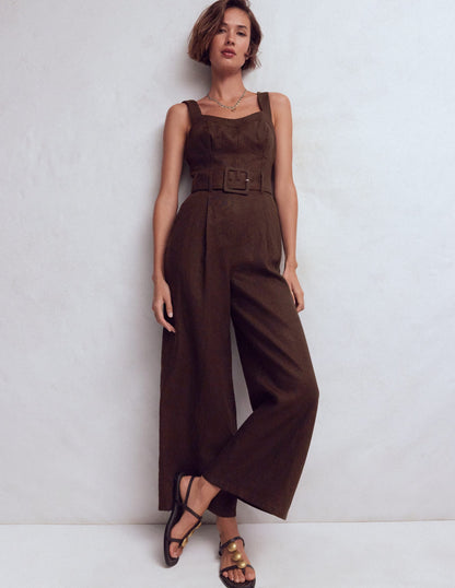 Panelled Bodice Linen Jumpsuit-Bitter Chocolate