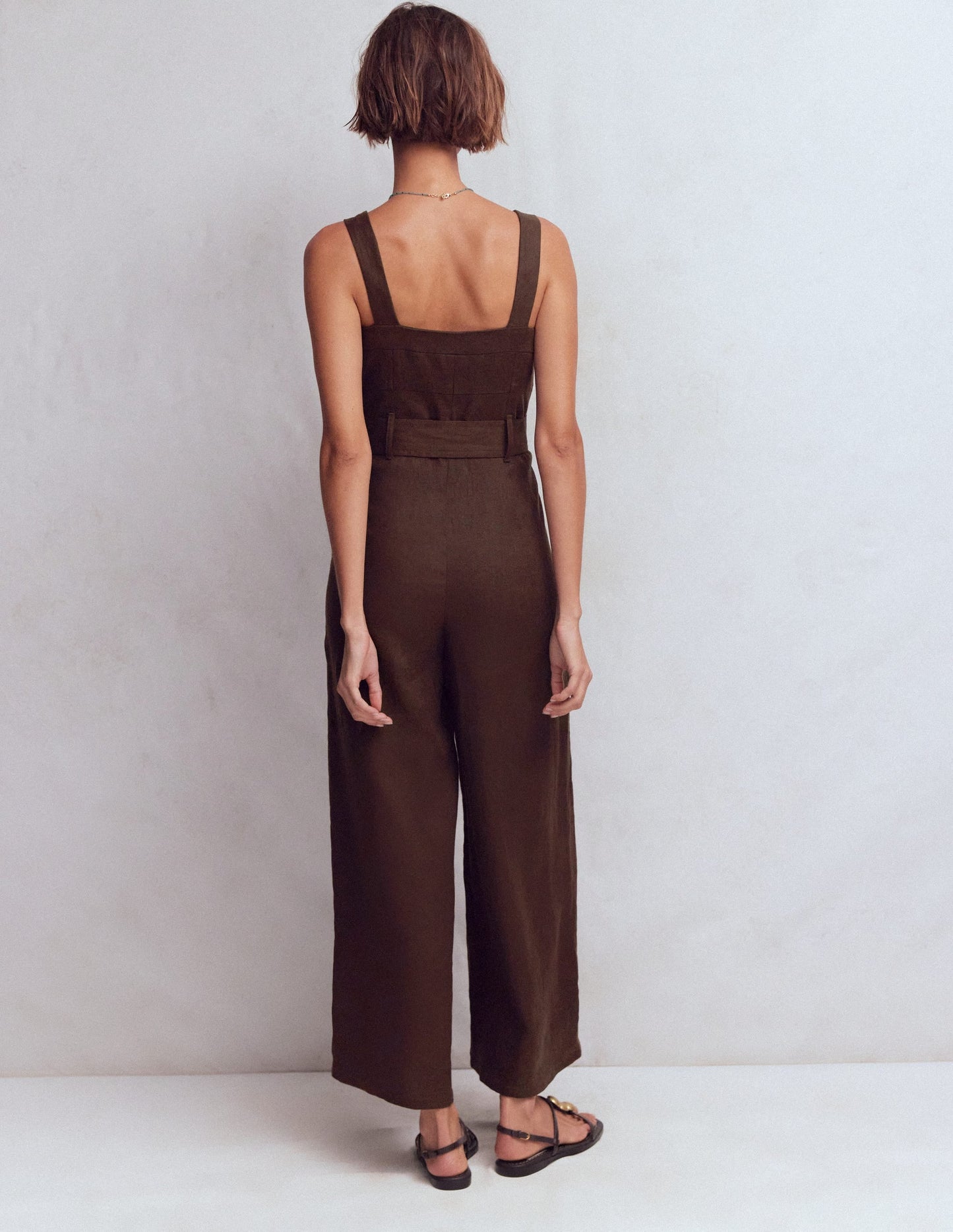 Panelled Bodice Linen Jumpsuit-Bitter Chocolate