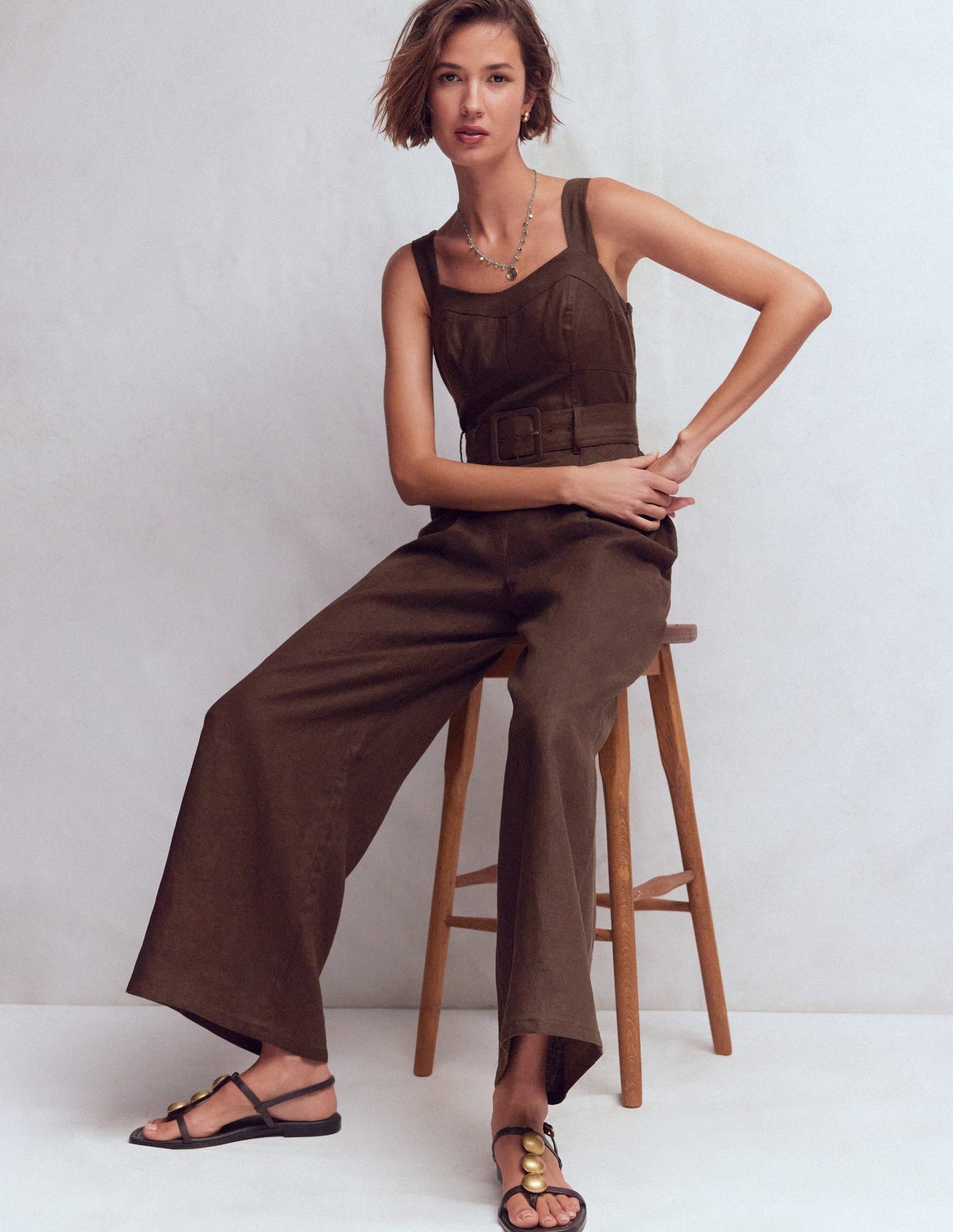 Panelled Bodice Linen Jumpsuit-Bitter Chocolate